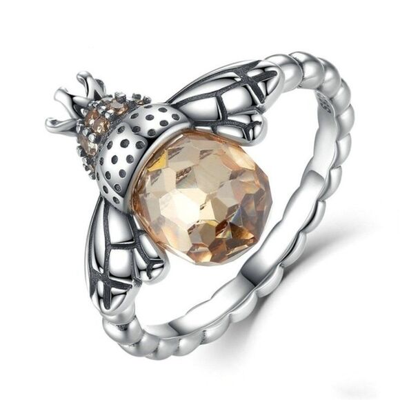 Ring Bumblebee Faceted Amber Colored Cubic Zirconia with Pave' Accents Stones - Picture 3 of 9